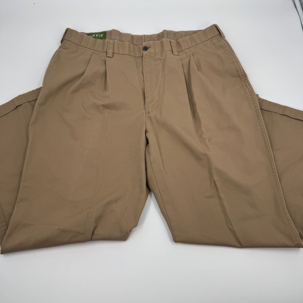 Orvis Chinos Men 42 Khaki Tan Vintage Made in USA Pleated Cuffed Cotton Trousers